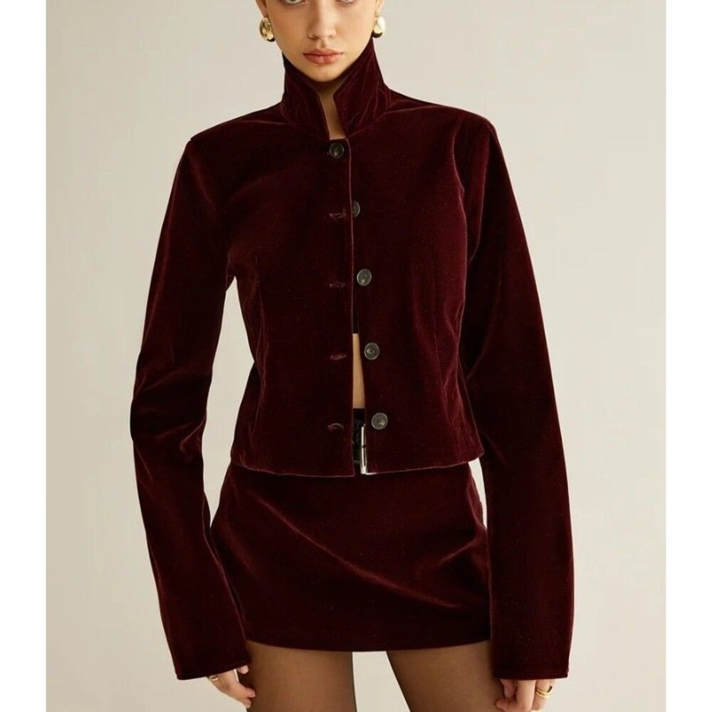 Commense Velvet Lapel Short Blazer Jacket Womens M Burgundy Wine Button Front